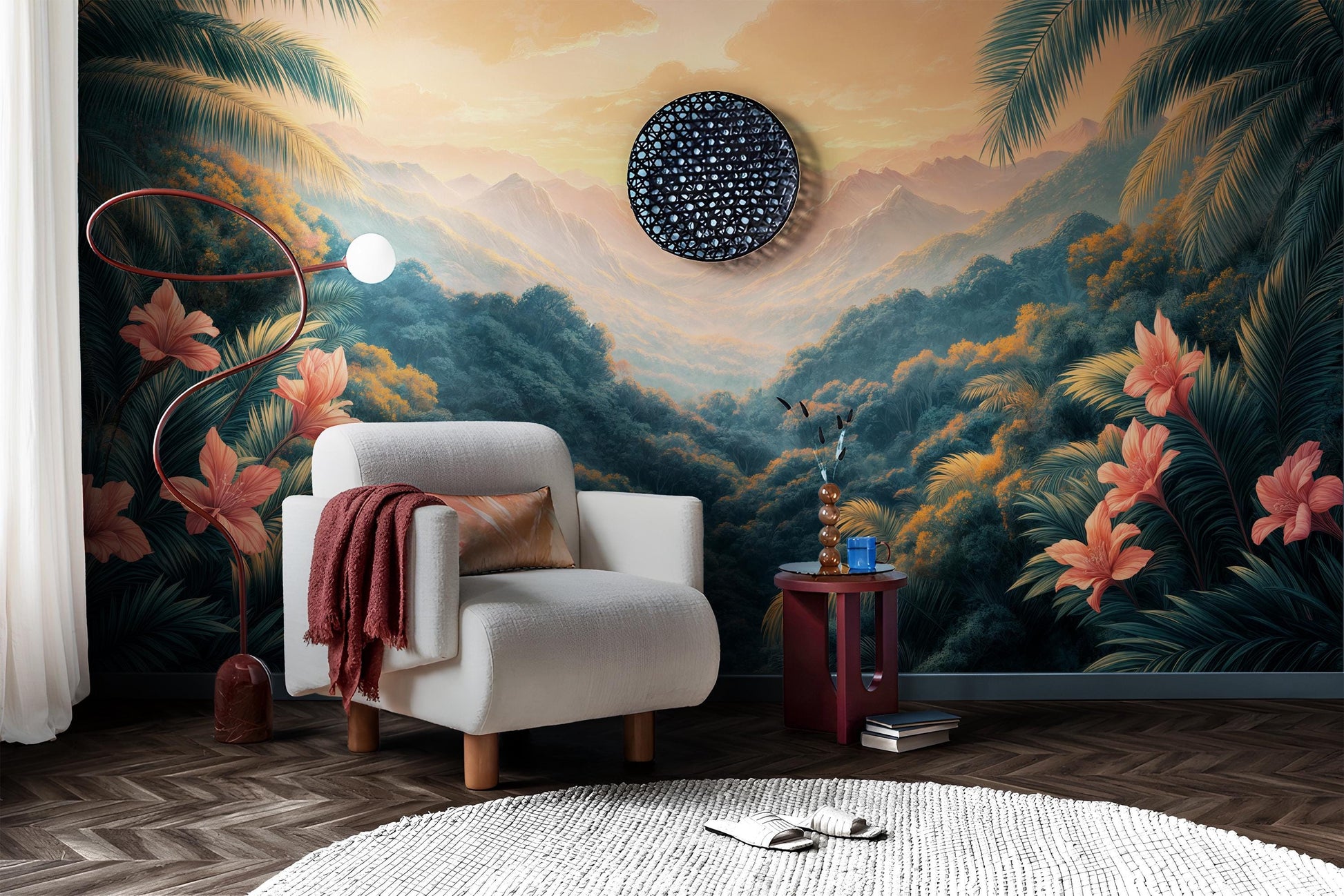 Tropical Sunset Jungle Mountain Tropical Wallpaper – detail view, Golden Era Walls