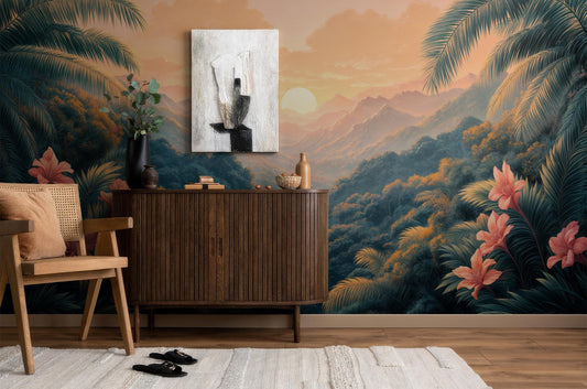 Tropical Sunset Jungle Mountain Tropical Wallpaper – lifestyle view, Golden Era Walls