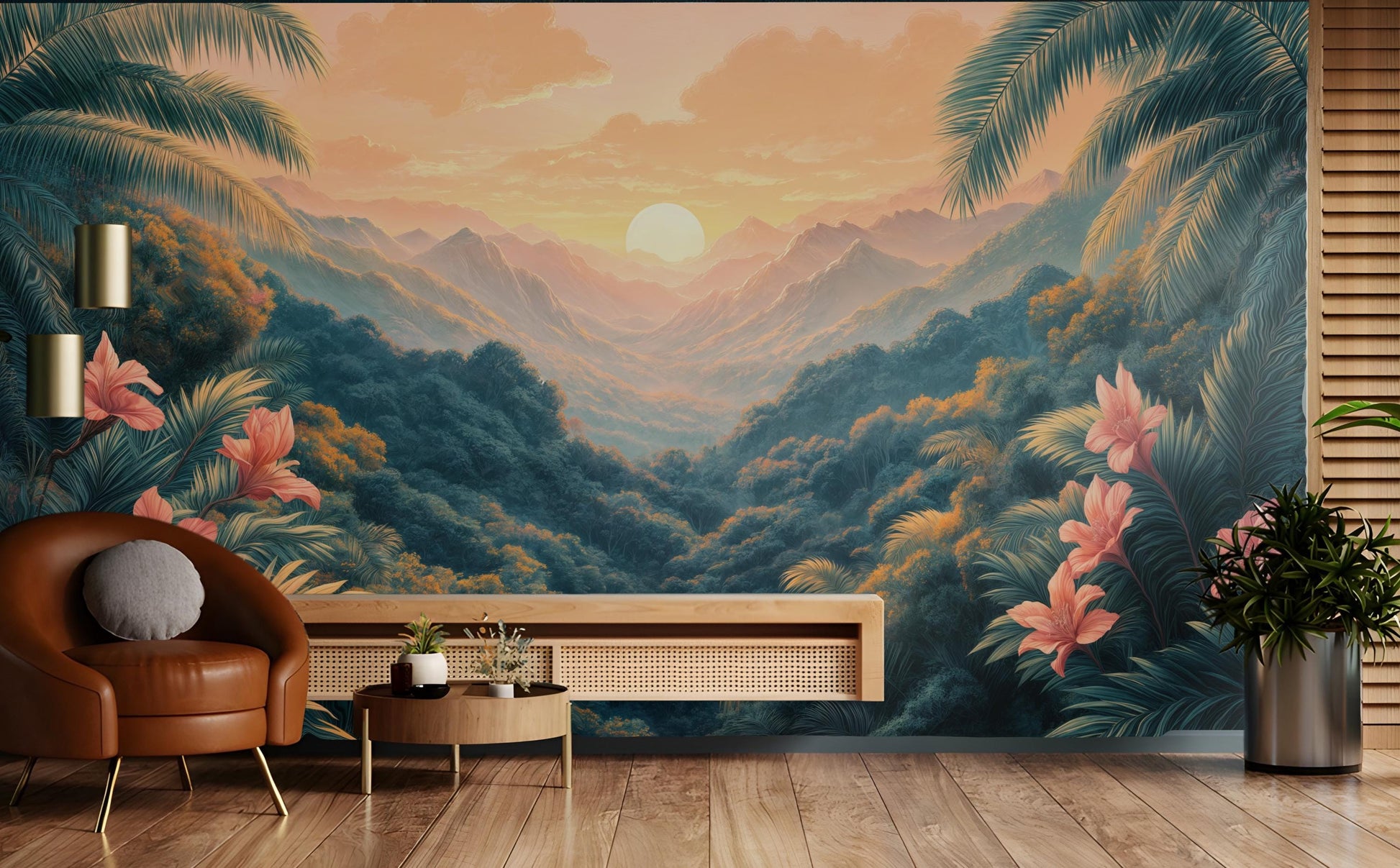 Tropical Sunset Jungle Mountain Tropical Wallpaper – peel and stick wallpaper mural, Golden Era Walls