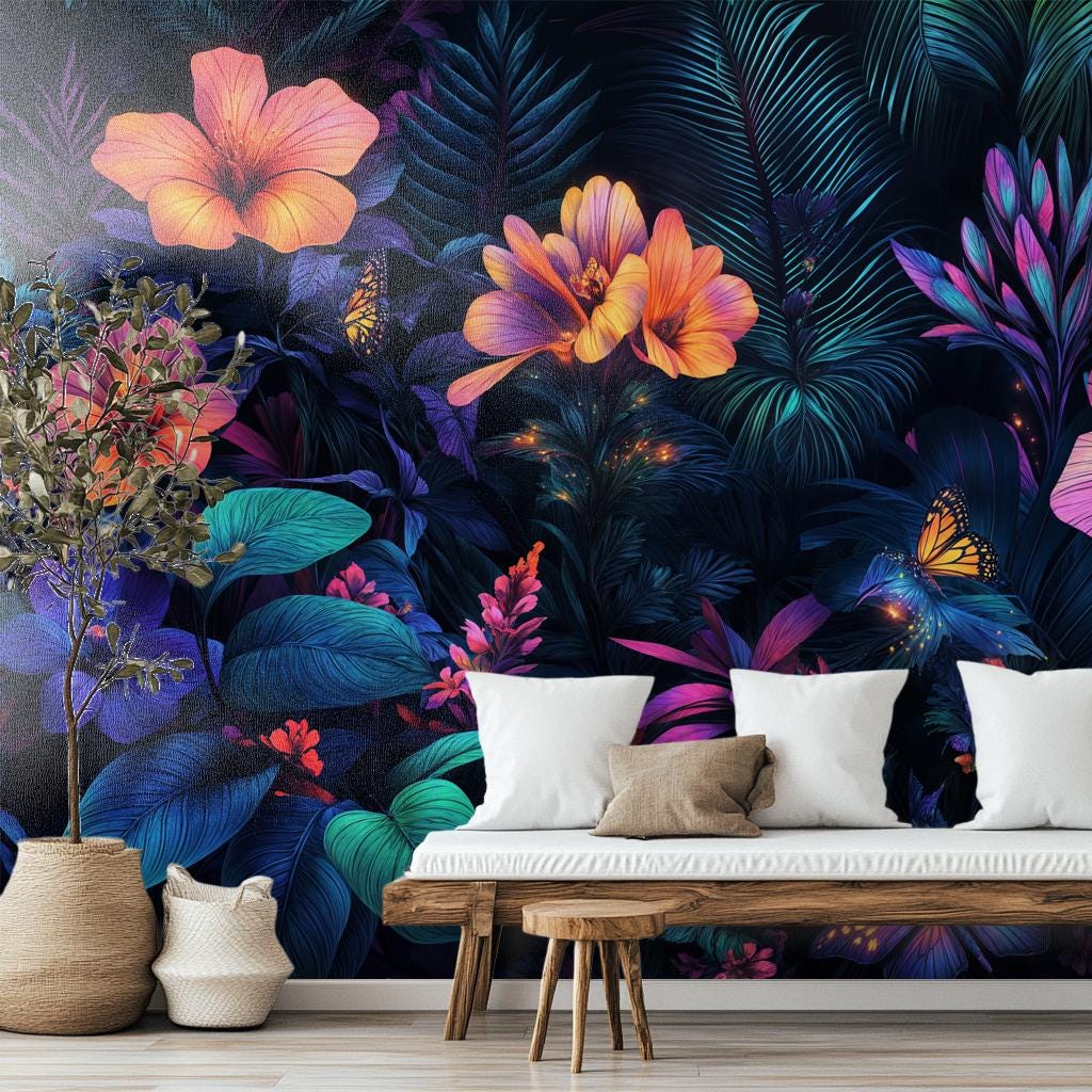 Vibrant Neon Jungle Psychedelic Floral Wallpaper – detail view, Golden Era Walls