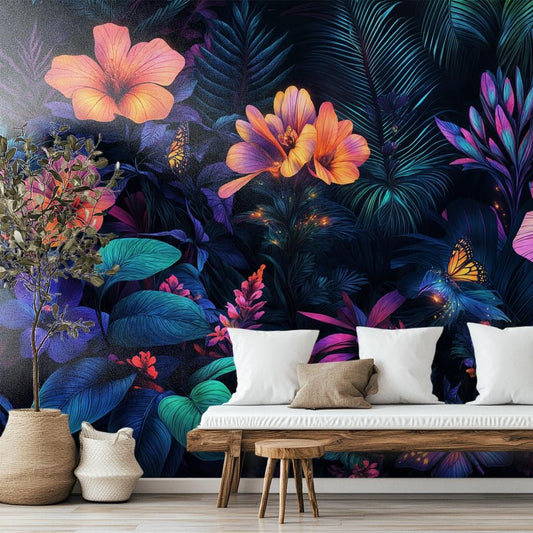 Vibrant Neon Jungle Psychedelic Floral Wallpaper – detail view, Golden Era Walls