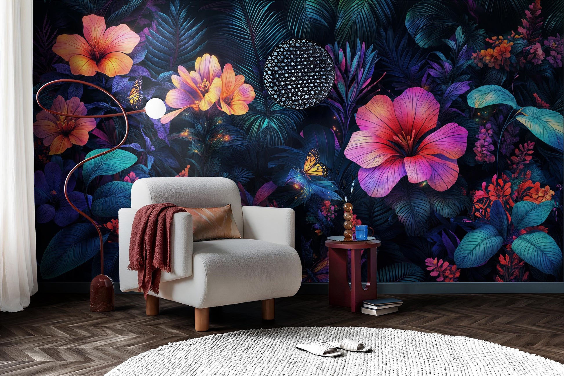 Vibrant Neon Jungle Psychedelic Floral Wallpaper – room setting, Golden Era Walls