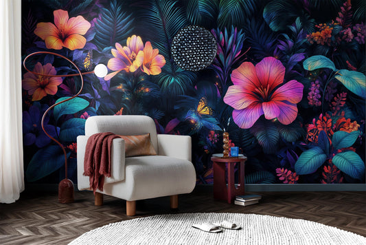 Vibrant Neon Jungle Psychedelic Floral Wallpaper – room setting, Golden Era Walls
