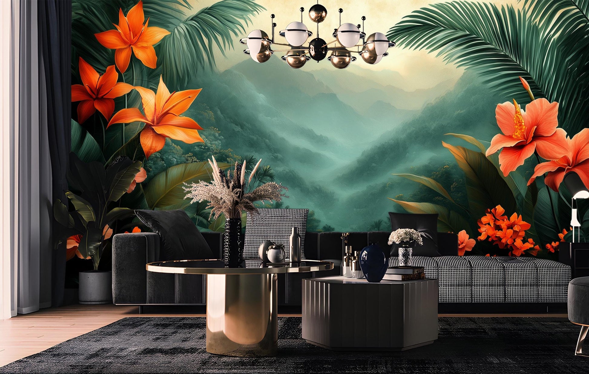 Vibrant Tropical Bloom Exotic Floral Wallpaper – lifestyle view, Golden Era Walls