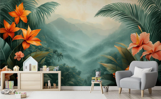 Vibrant Tropical Bloom Exotic Floral Wallpaper – room setting, Golden Era Walls