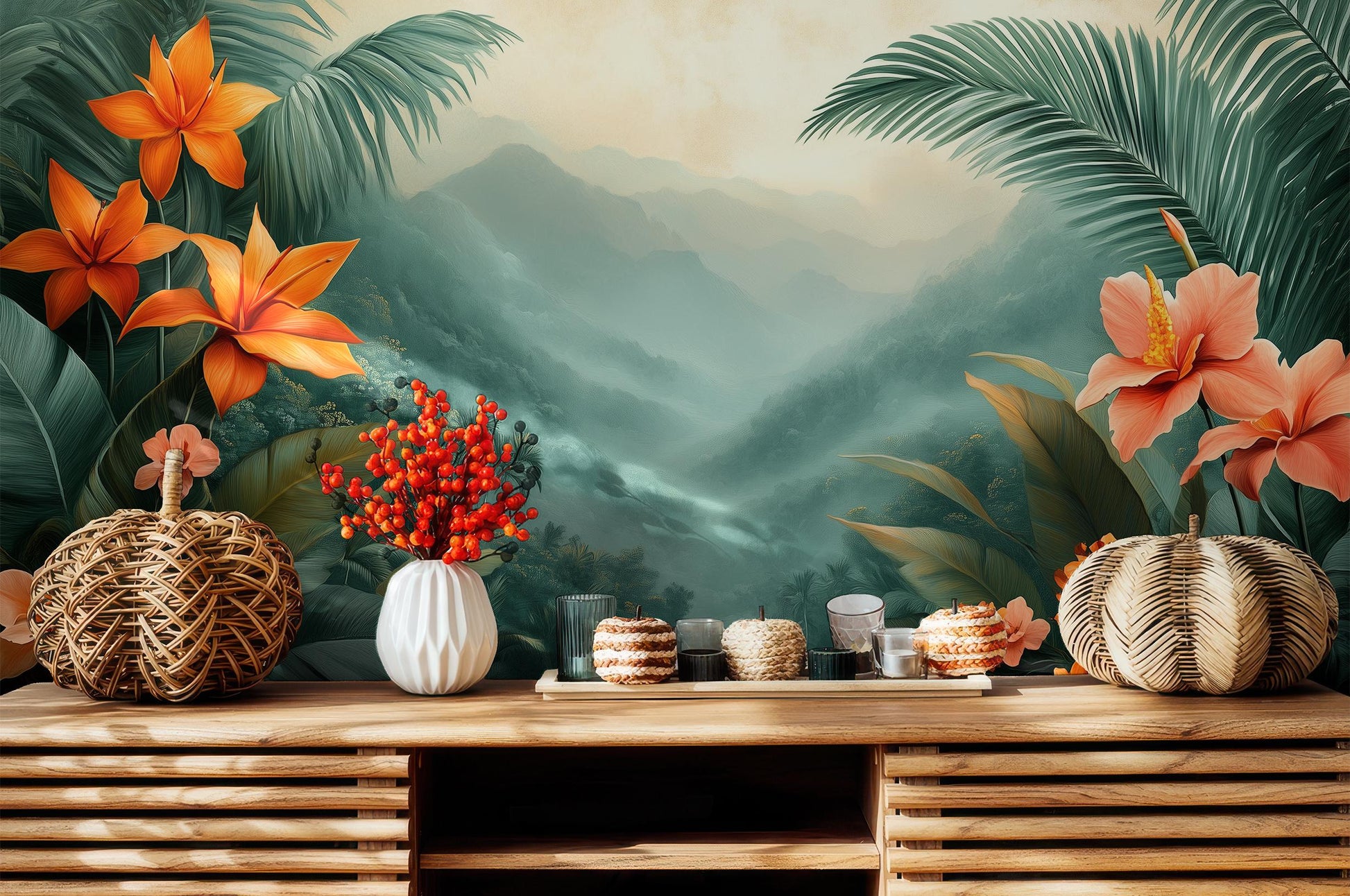 Vibrant Tropical Bloom Exotic Floral Wallpaper – scale reference, Golden Era Walls