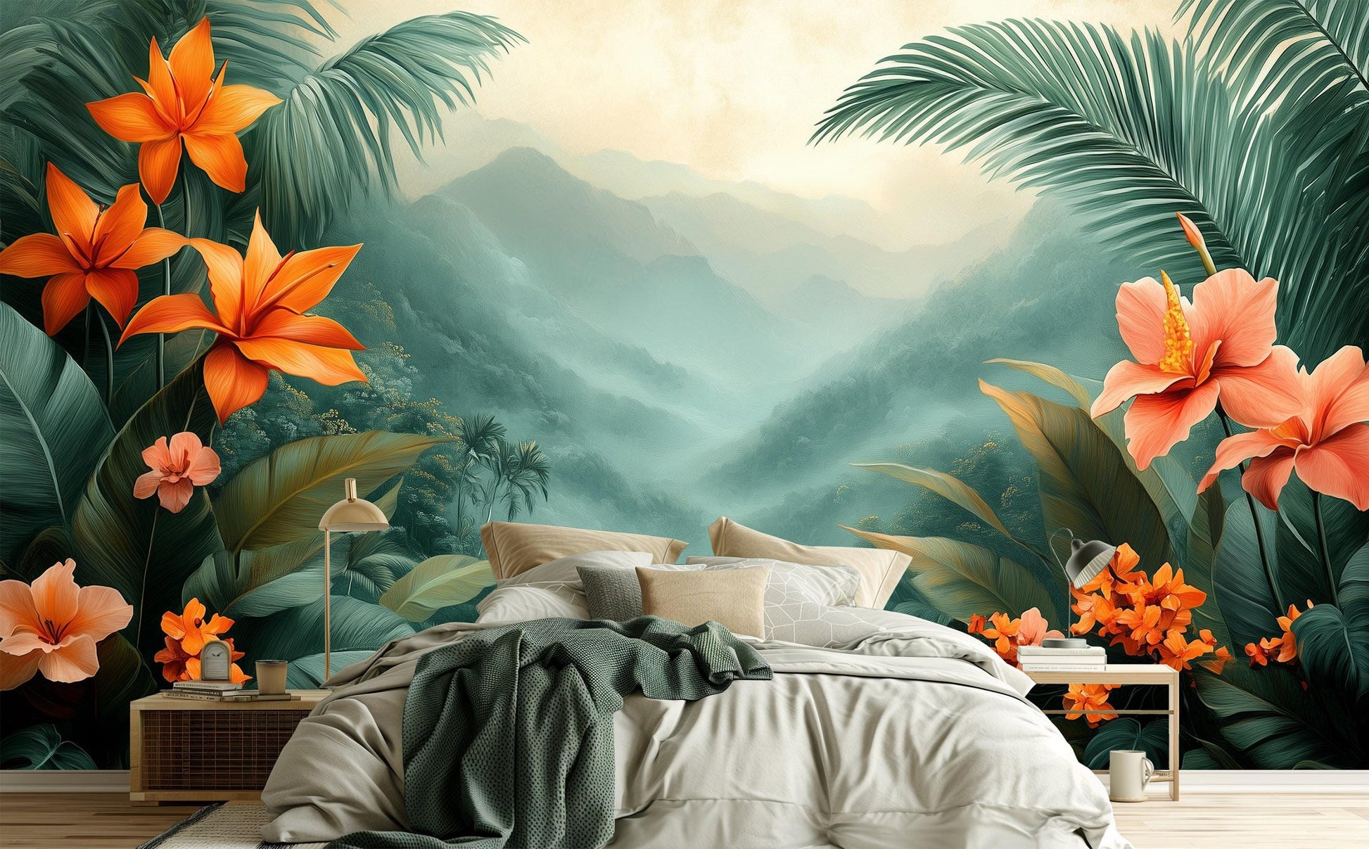 Vibrant Tropical Bloom Exotic Floral Wallpaper – peel and stick wallpaper mural, Golden Era Walls