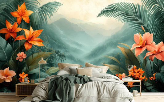 Vibrant Tropical Bloom Exotic Floral Wallpaper – peel and stick wallpaper mural, Golden Era Walls