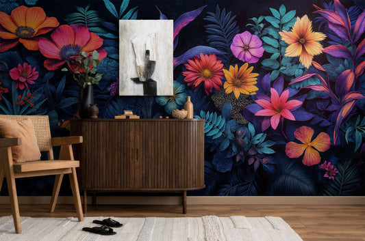 Vibrant Tropical Floral Bold Floral Wallpaper – detail view, Golden Era Walls