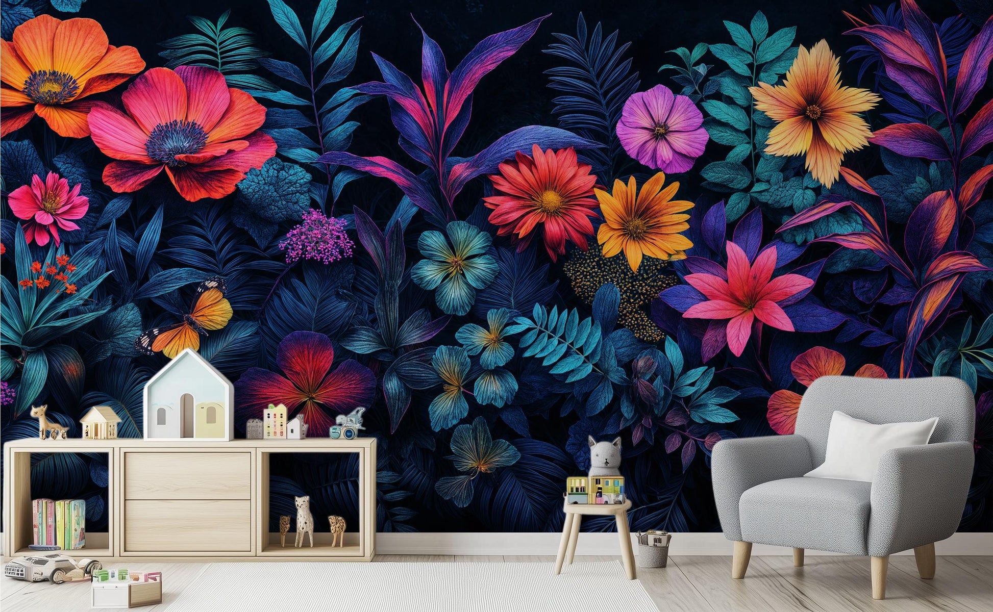 Vibrant Tropical Floral Bold Floral Wallpaper – scale reference, Golden Era Walls