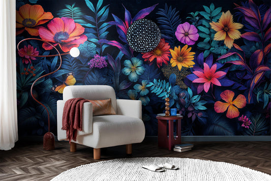 Vibrant Tropical Floral Bold Floral Wallpaper – room setting, Golden Era Walls