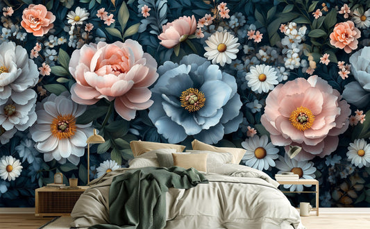 Vintage Botanical Elegant Dark Floral Wallpaper – detail view, Golden Era Walls