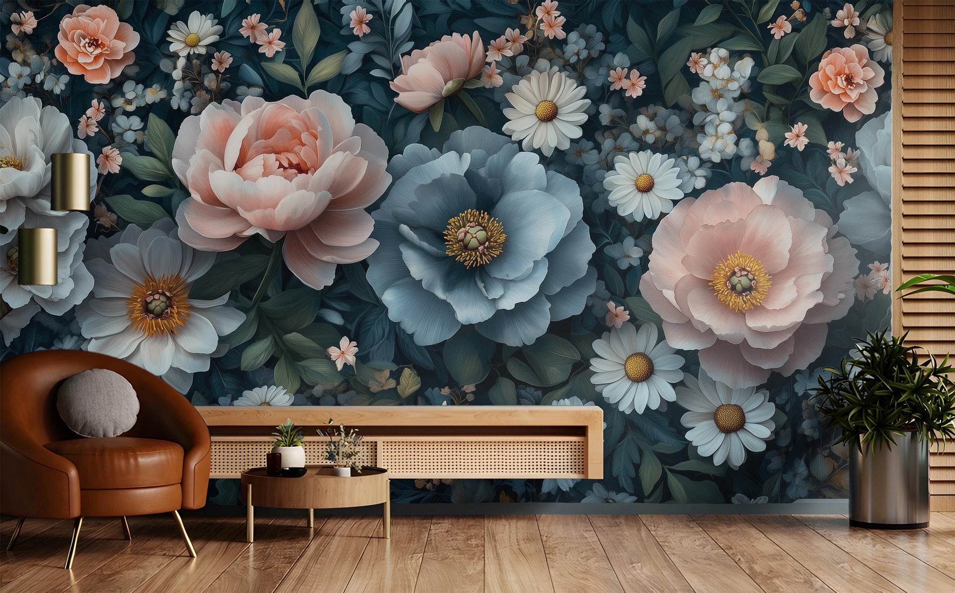 Vintage Botanical Elegant Dark Floral Wallpaper – lifestyle view, Golden Era Walls
