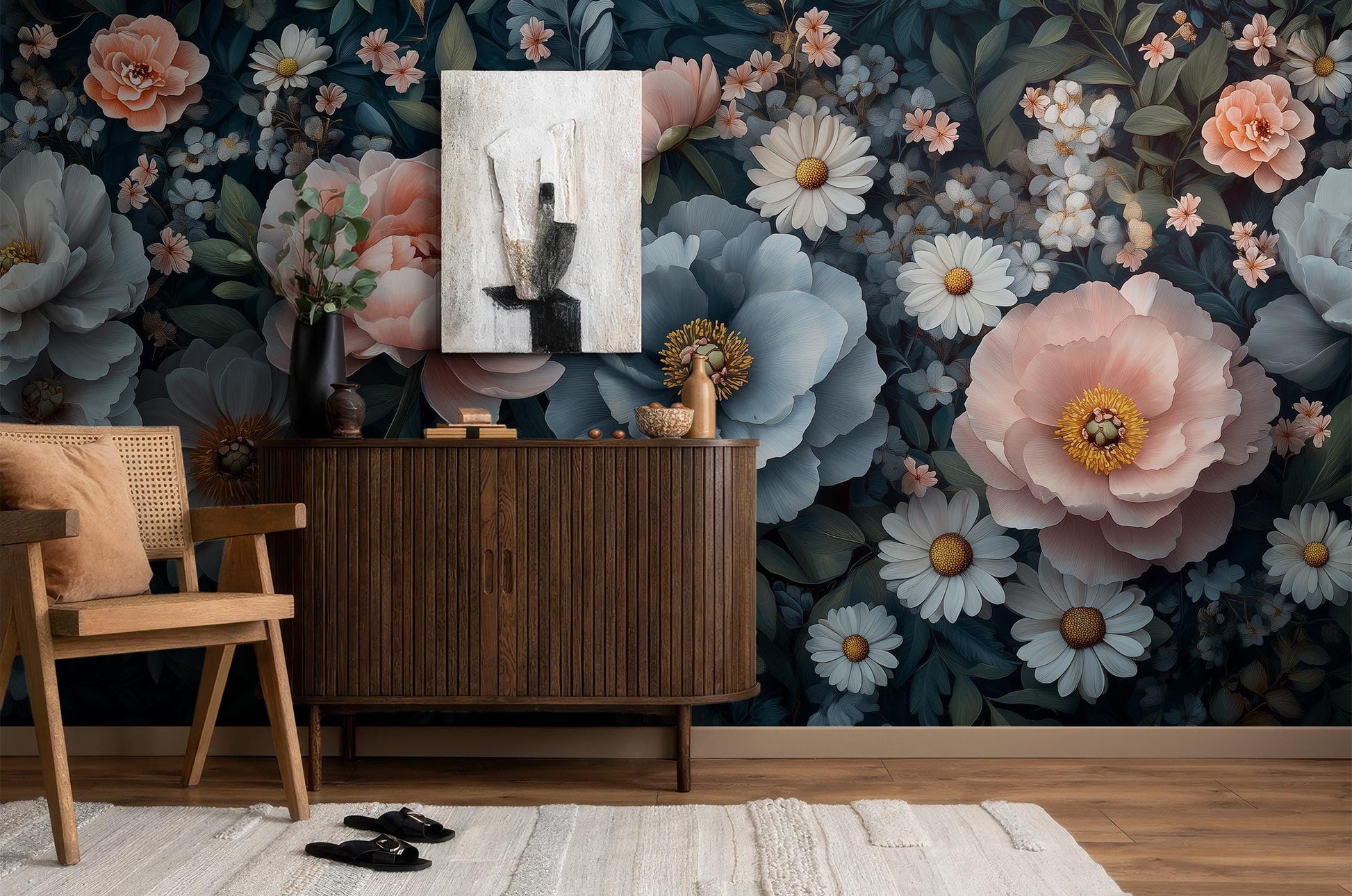 Vintage Botanical Elegant Dark Floral Wallpaper – room setting, Golden Era Walls