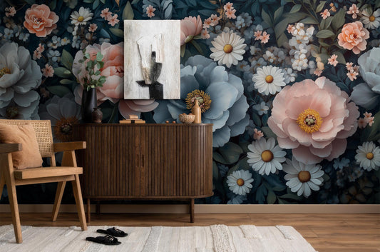 Vintage Botanical Elegant Dark Floral Wallpaper – room setting, Golden Era Walls