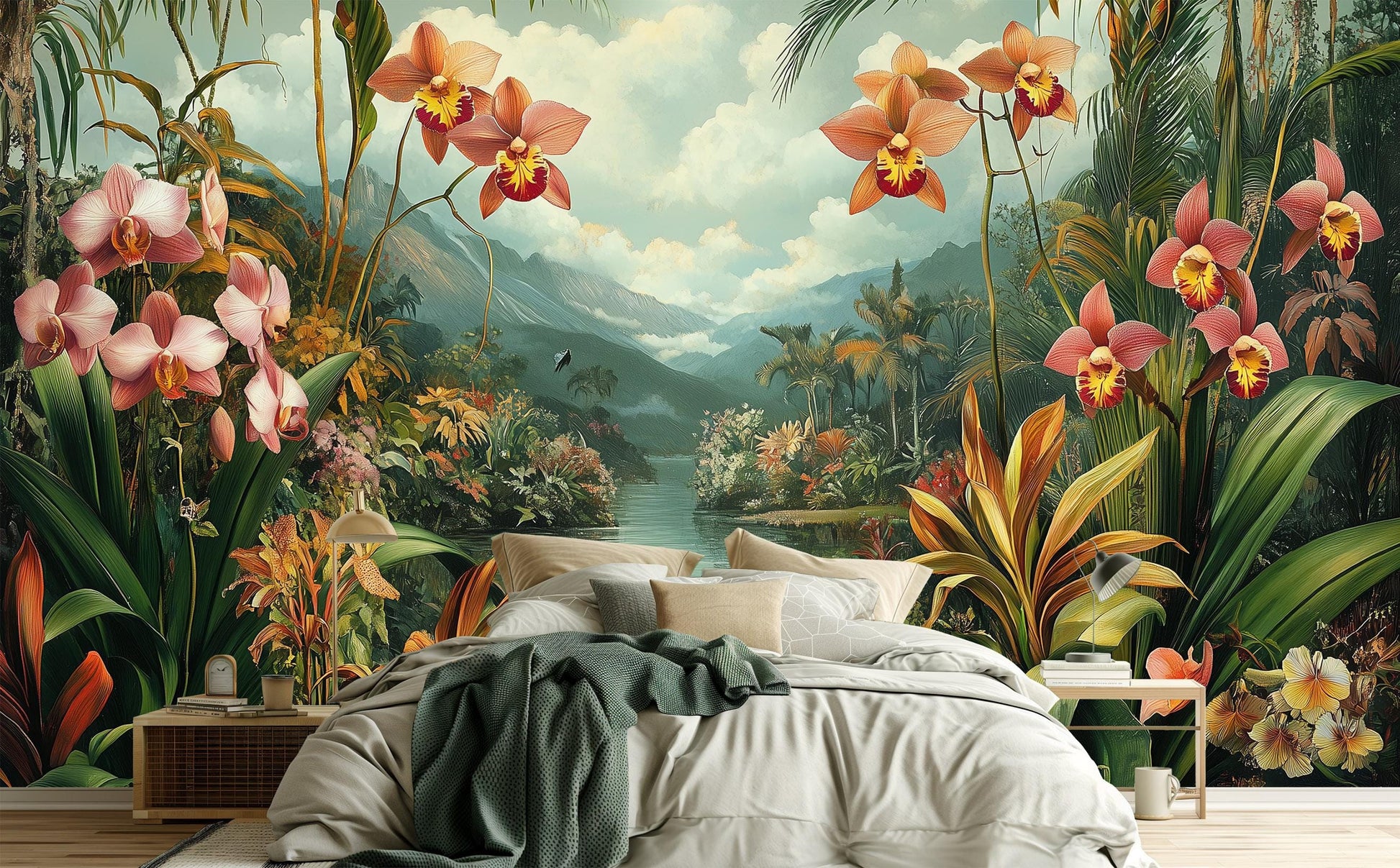 Vintage Orchid Jungle Exotic Floral Wallpaper – lifestyle view, Golden Era Walls