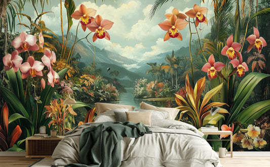 Vintage Orchid Jungle Exotic Floral Wallpaper – lifestyle view, Golden Era Walls