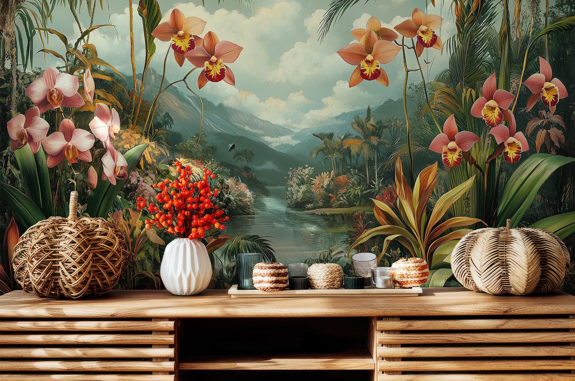 Vintage Orchid Jungle Exotic Floral Wallpaper – scale reference, Golden Era Walls