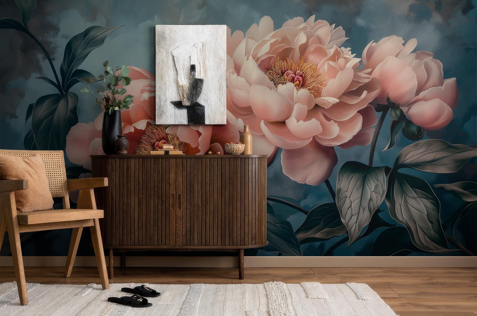 Vintage Peony Floral Elegant Floral Wallpaper – scale reference, Golden Era Walls