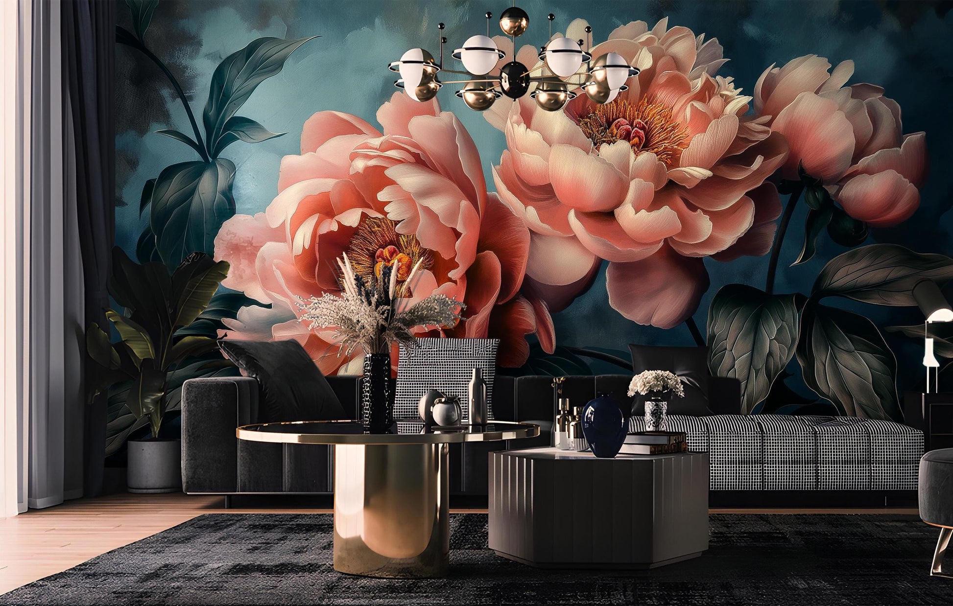 Vintage Peony Floral Elegant Floral Wallpaper – room setting, Golden Era Walls
