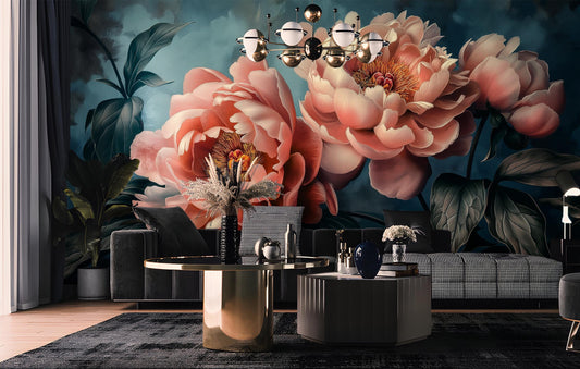 Vintage Peony Floral Elegant Floral Wallpaper – room setting, Golden Era Walls