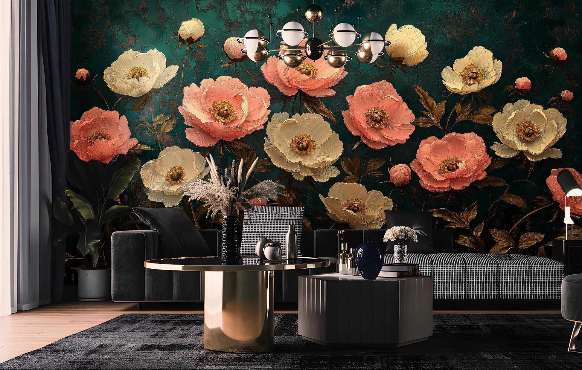 Vintage Peony Hand Painted Floral Wallpaper – peel and stick wallpaper mural, Golden Era Walls
