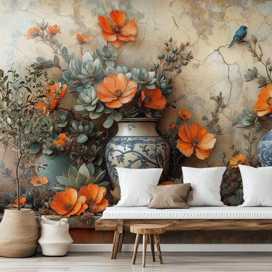 Vintage Vase Mediterranean Floral Floral Wallpaper – room setting, Golden Era Walls