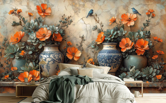 Vintage Vase Mediterranean Floral Floral Wallpaper – lifestyle view, Golden Era Walls