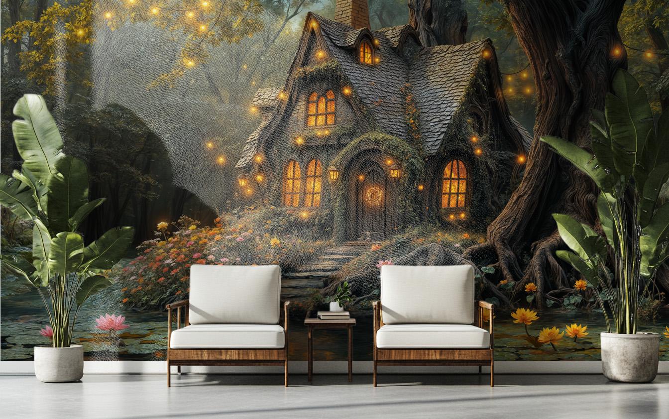 Whimsical Fairytale Magical Woodland Floral Wallpaper – room setting, Golden Era Walls