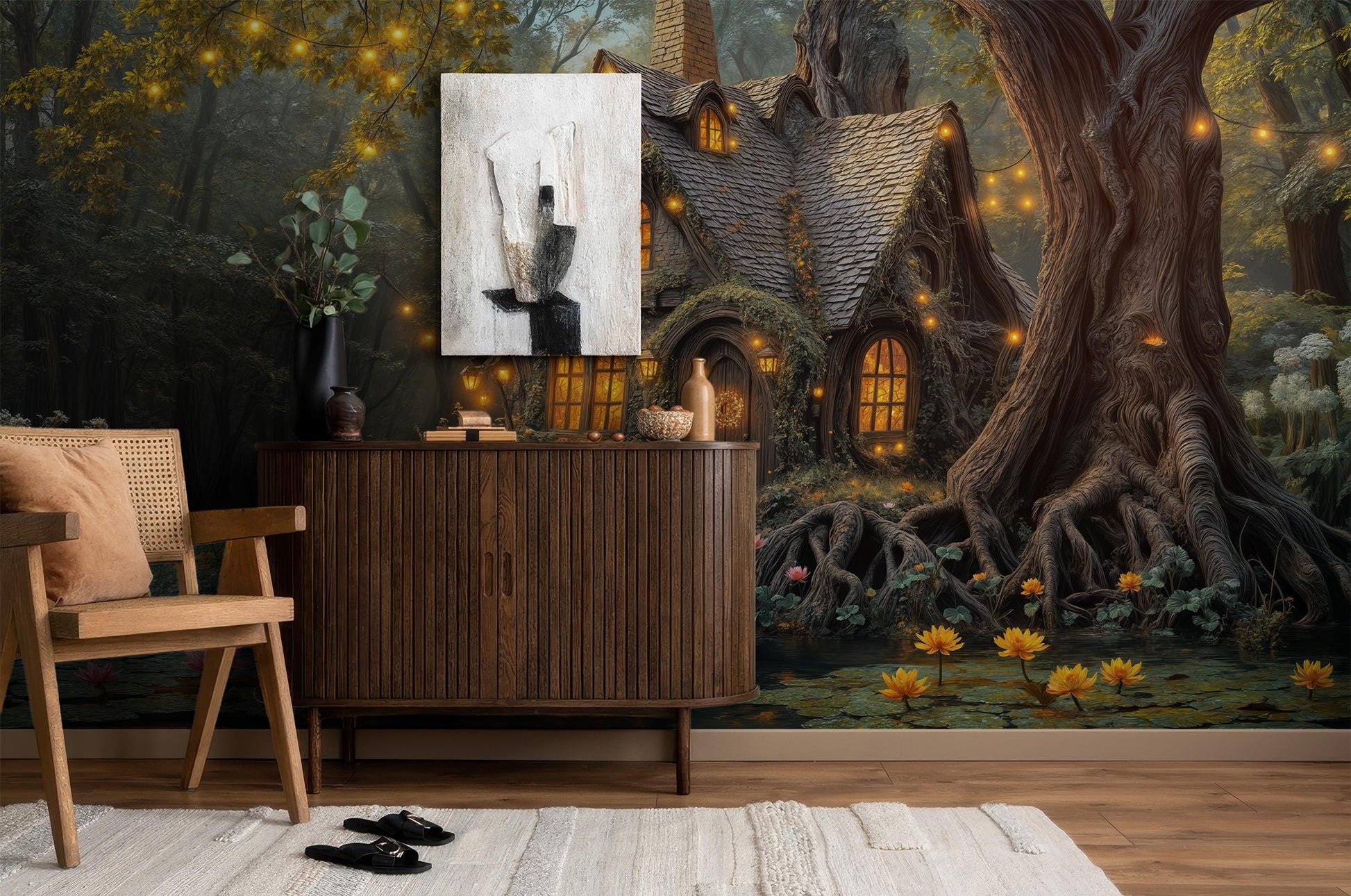 Whimsical Fairytale Magical Woodland Floral Wallpaper – detail view, Golden Era Walls