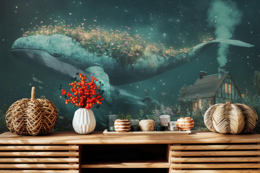 Whimsical Night Sky Floating Floral Wallpaper – detail view, Golden Era Walls