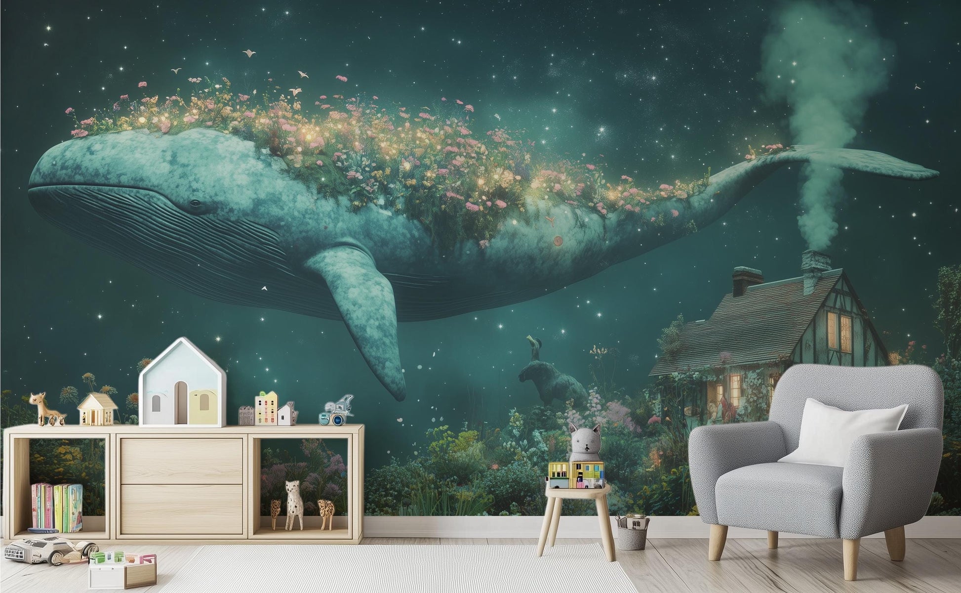 Whimsical Night Sky Floating Floral Wallpaper – peel and stick wallpaper mural, Golden Era Walls