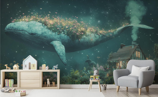 Whimsical Night Sky Floating Floral Wallpaper – peel and stick wallpaper mural, Golden Era Walls