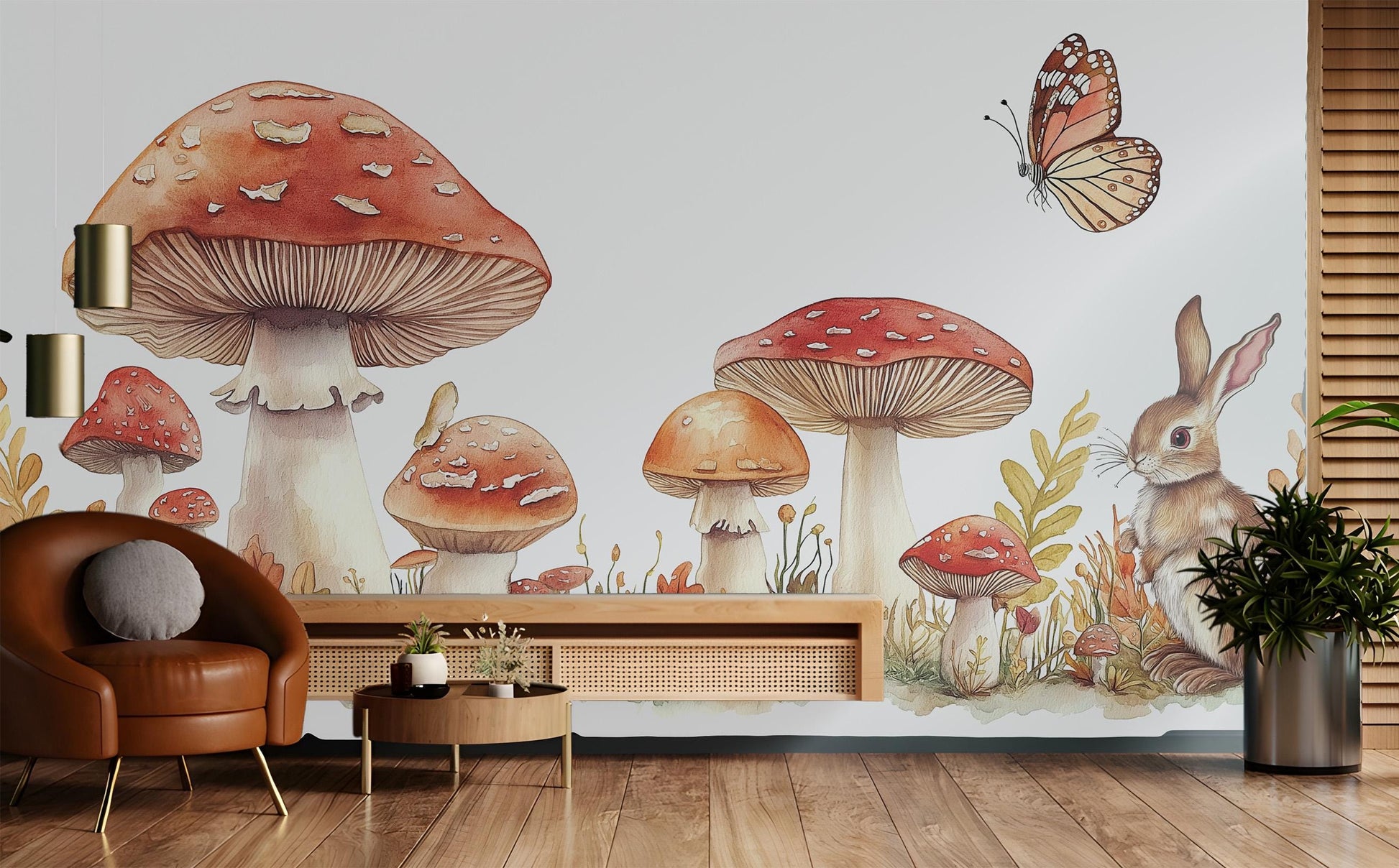 Whimsical Woodland Rabbit Mushroom Floral Wallpaper – detail view, Golden Era Walls