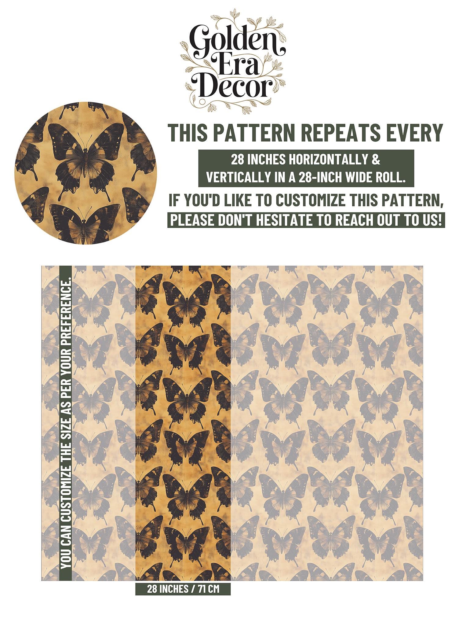 Vintage Butterfly Renter Friendly Floral Wallpaper Pattern – scale reference, Golden Era Walls