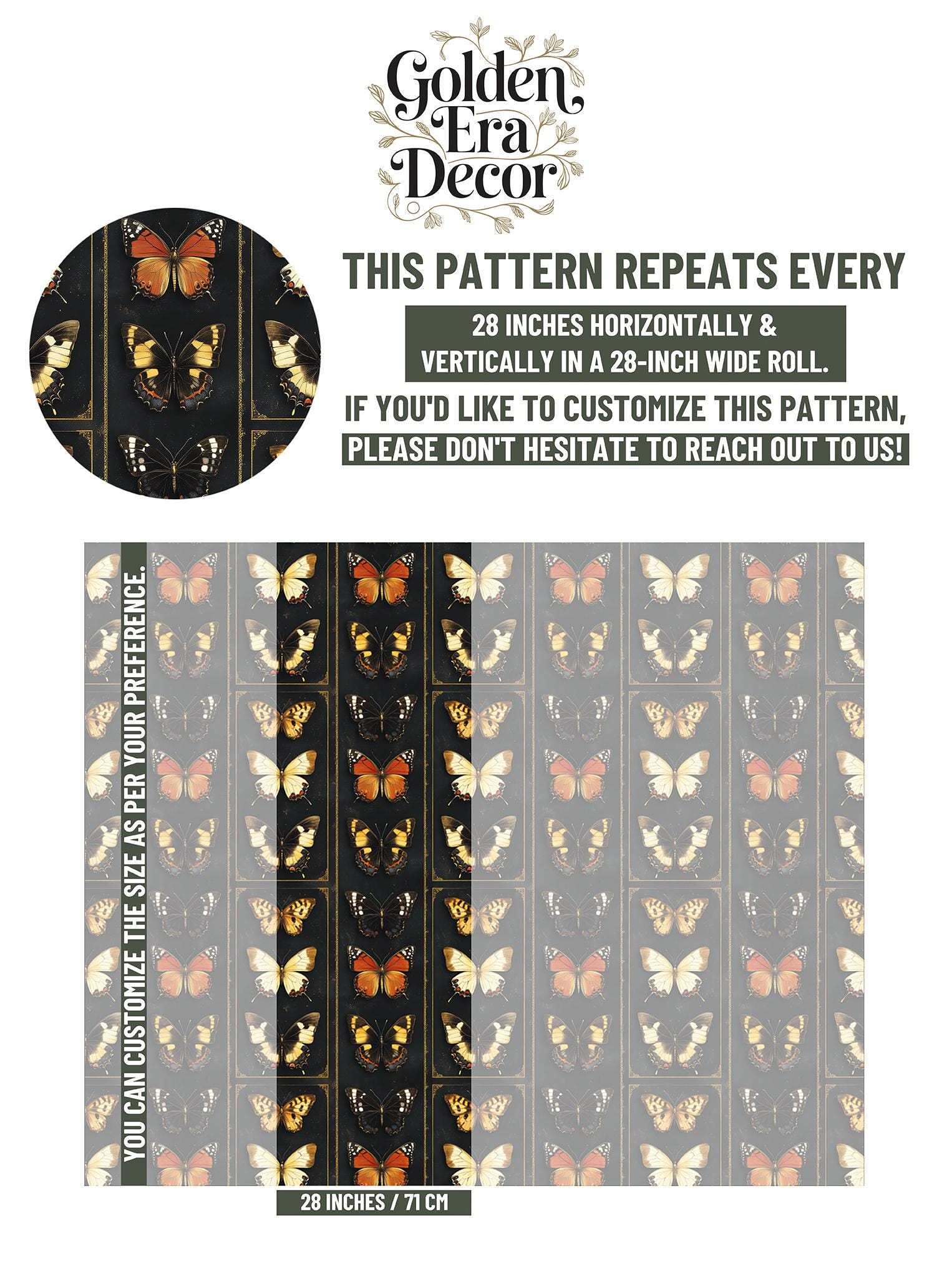 Vintage Butterfly Display Renter Floral Wallpaper Pattern – scale reference, Golden Era Walls
