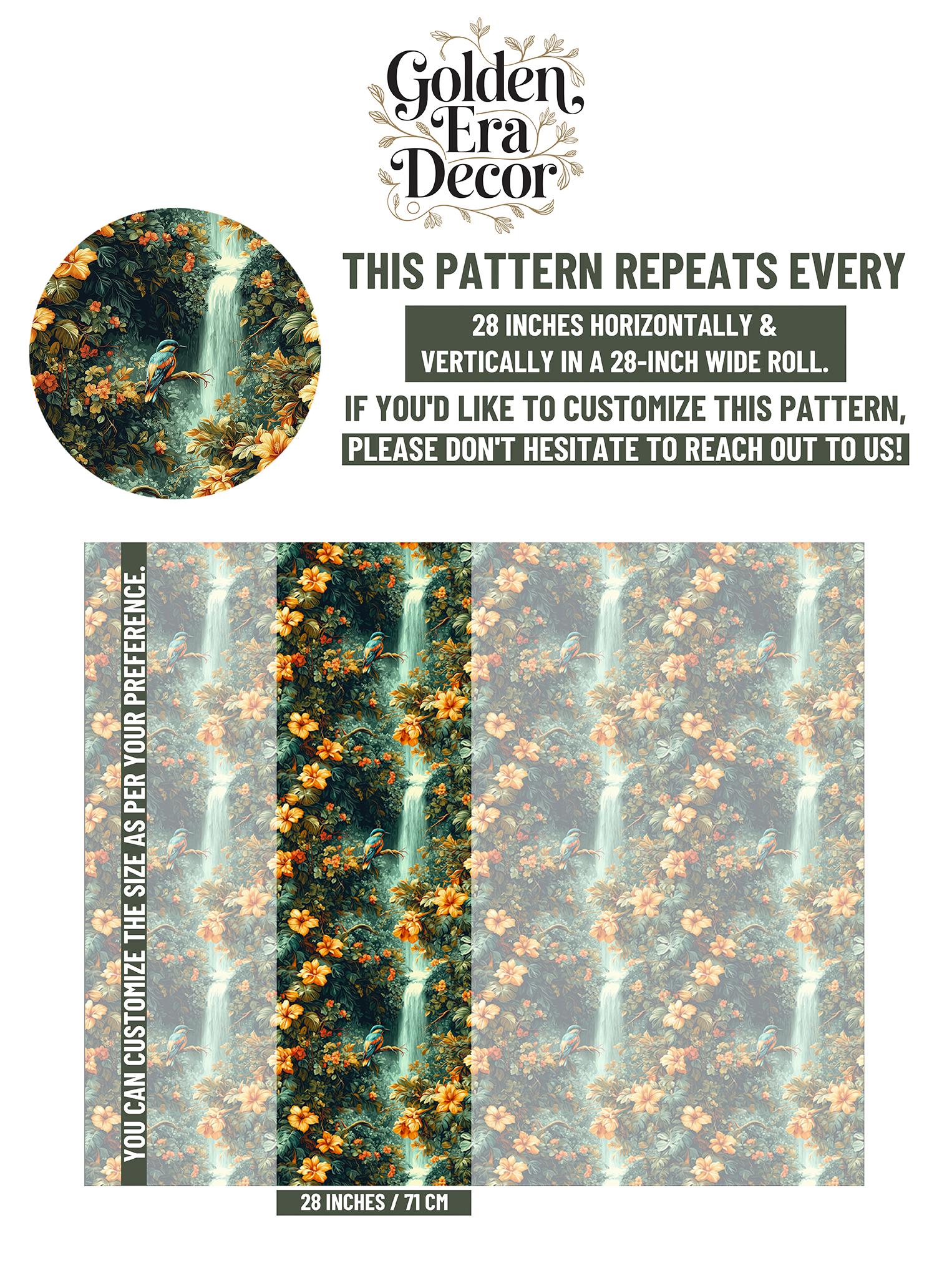 Tropical Jungle Renter Friendly Floral Wallpaper Pattern – scale reference, Golden Era Walls