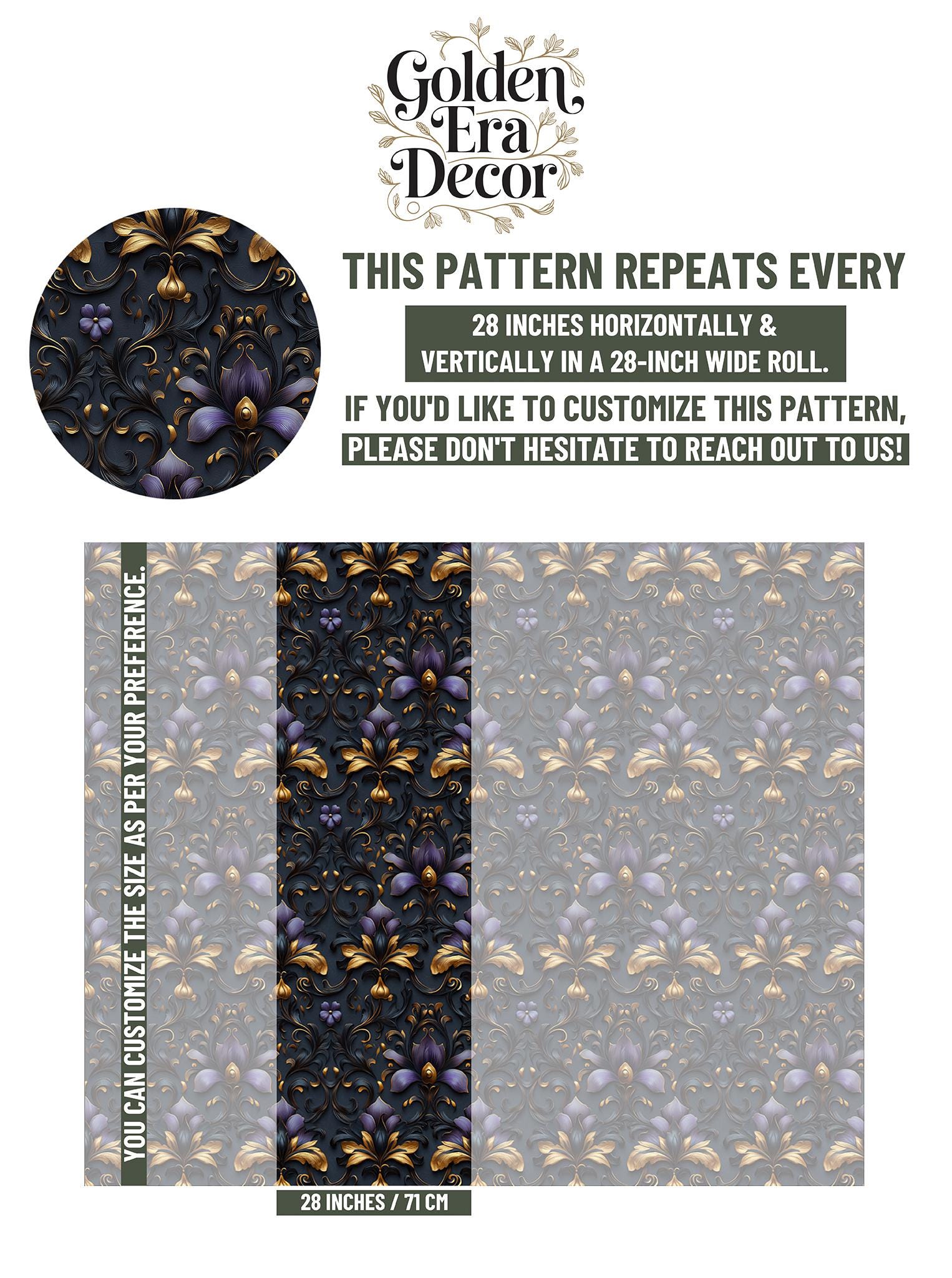 Purple Gold Damask Renter Wallpaper Pattern – scale reference, Golden Era Walls