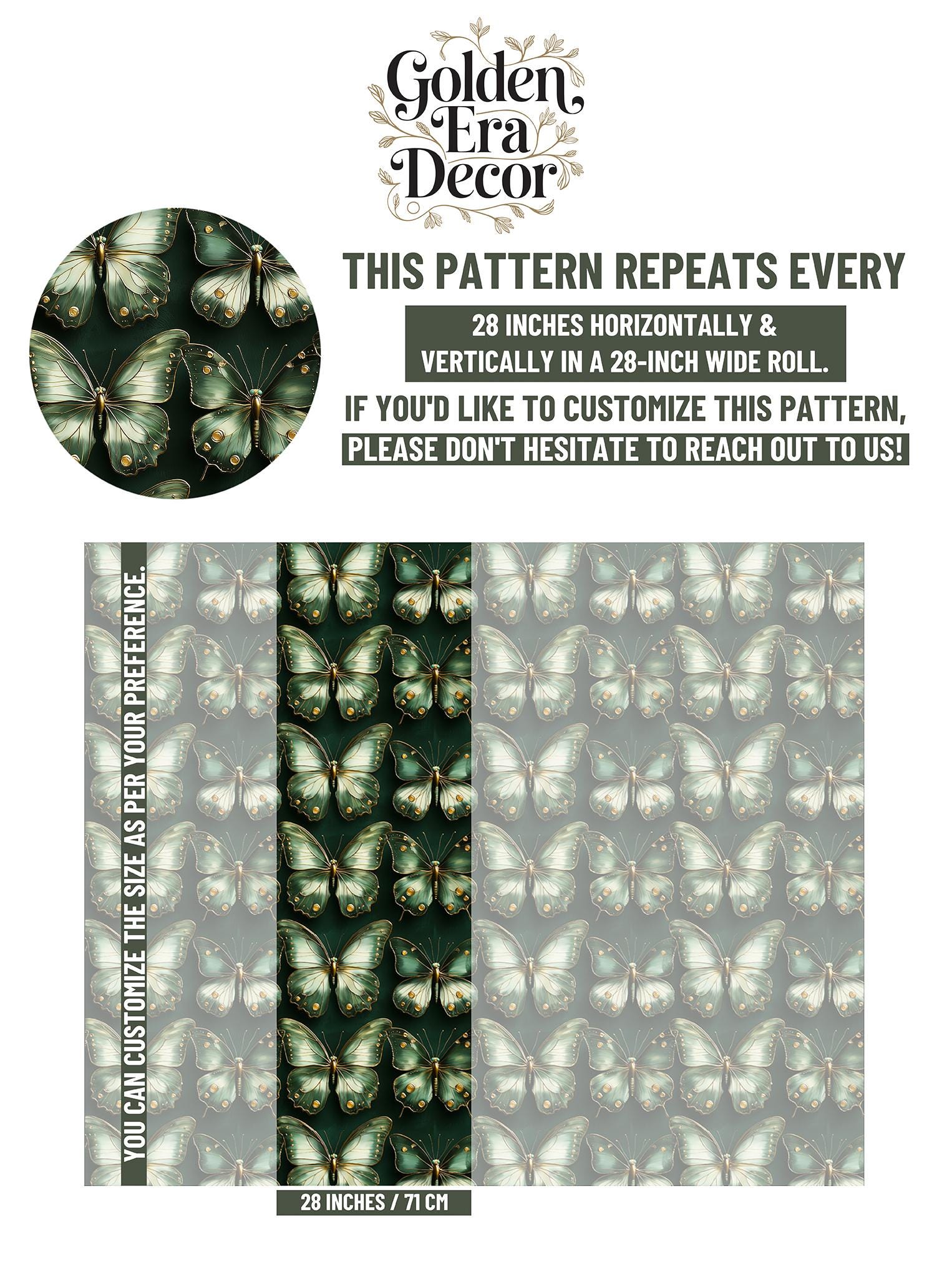 Old Green Butterfly Renter Floral Wallpaper Pattern – scale reference, Golden Era Walls