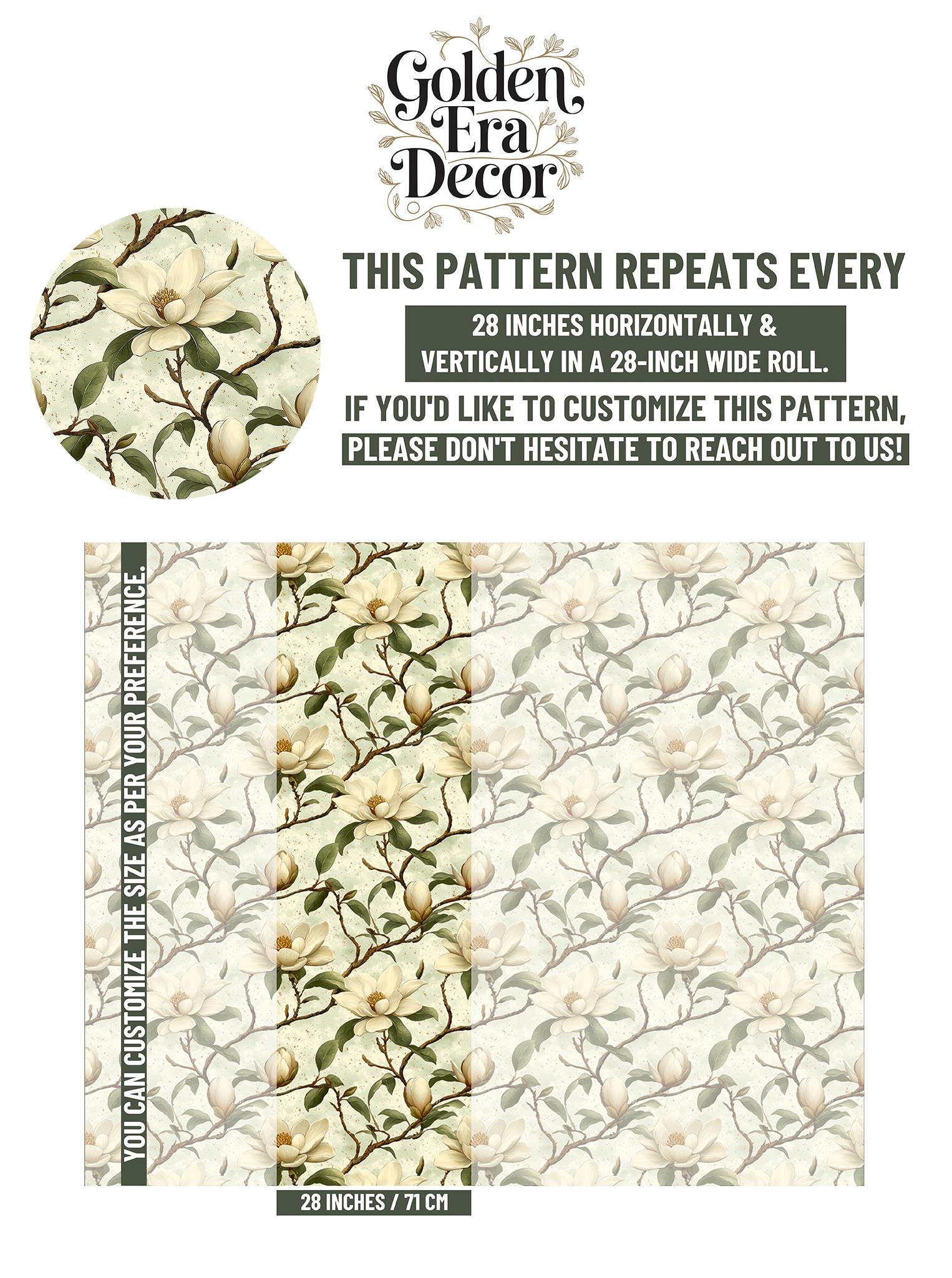 Magnolia Blossom Renter Friendly Floral Wallpaper Pattern – scale reference, Golden Era Walls