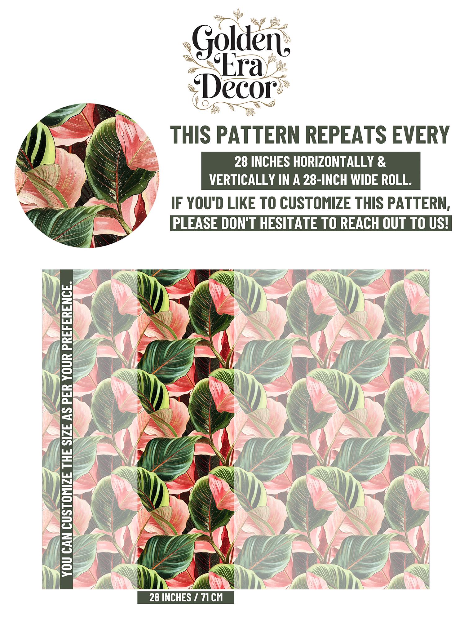 Green Pink Tropical Renter Floral Wallpaper Pattern – scale reference, Golden Era Walls
