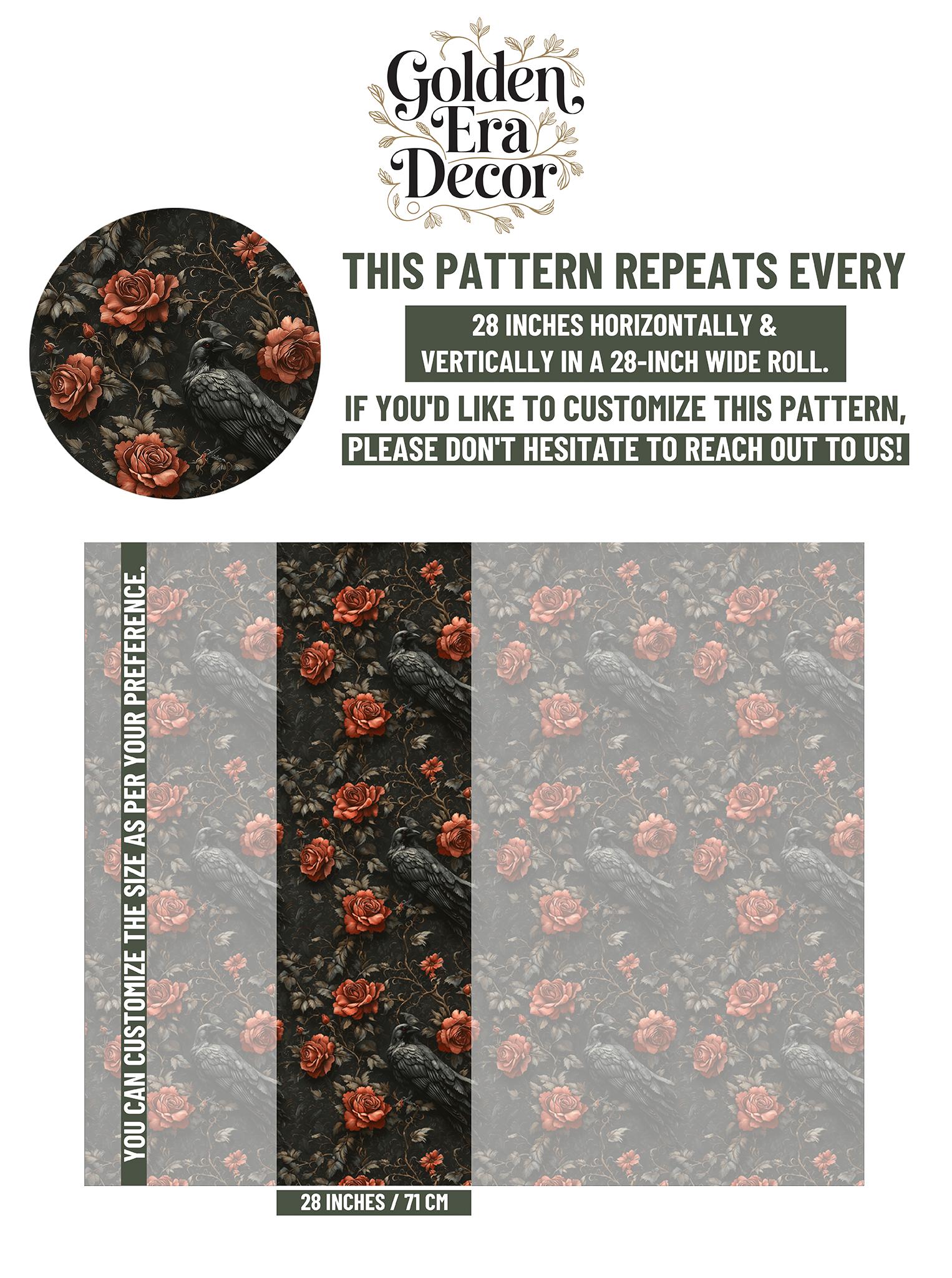 Gothic Raven Rose Renter Floral Wallpaper Pattern – scale reference, Golden Era Walls