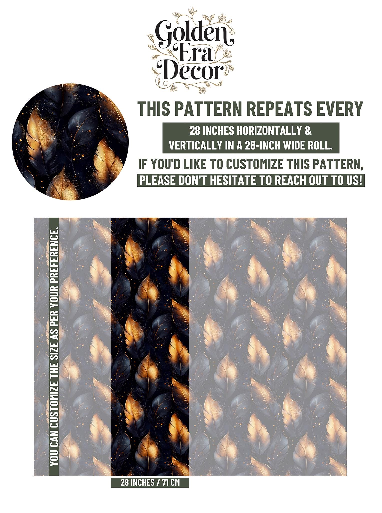 Black Gold Feather Renter Floral Wallpaper Pattern – scale reference, Golden Era Walls