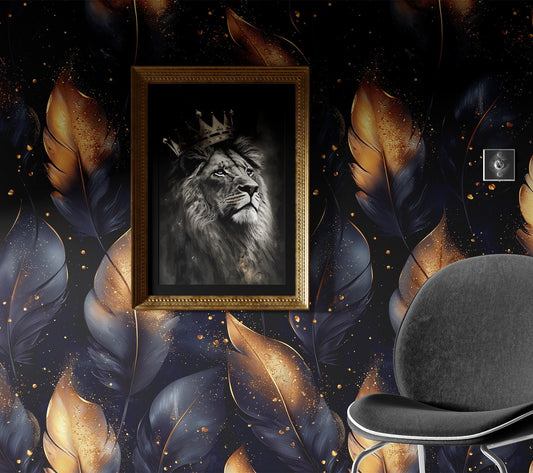 Black Gold Feather Renter Floral Wallpaper Pattern – lifestyle view, Golden Era Walls