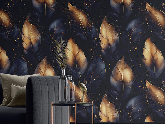 Black Gold Feather Renter Floral Wallpaper Pattern – room setting, Golden Era Walls