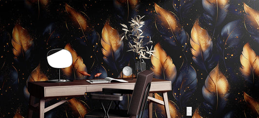 Black Gold Feather Renter Floral Wallpaper Pattern – peel and stick wallpaper mural, Golden Era Walls