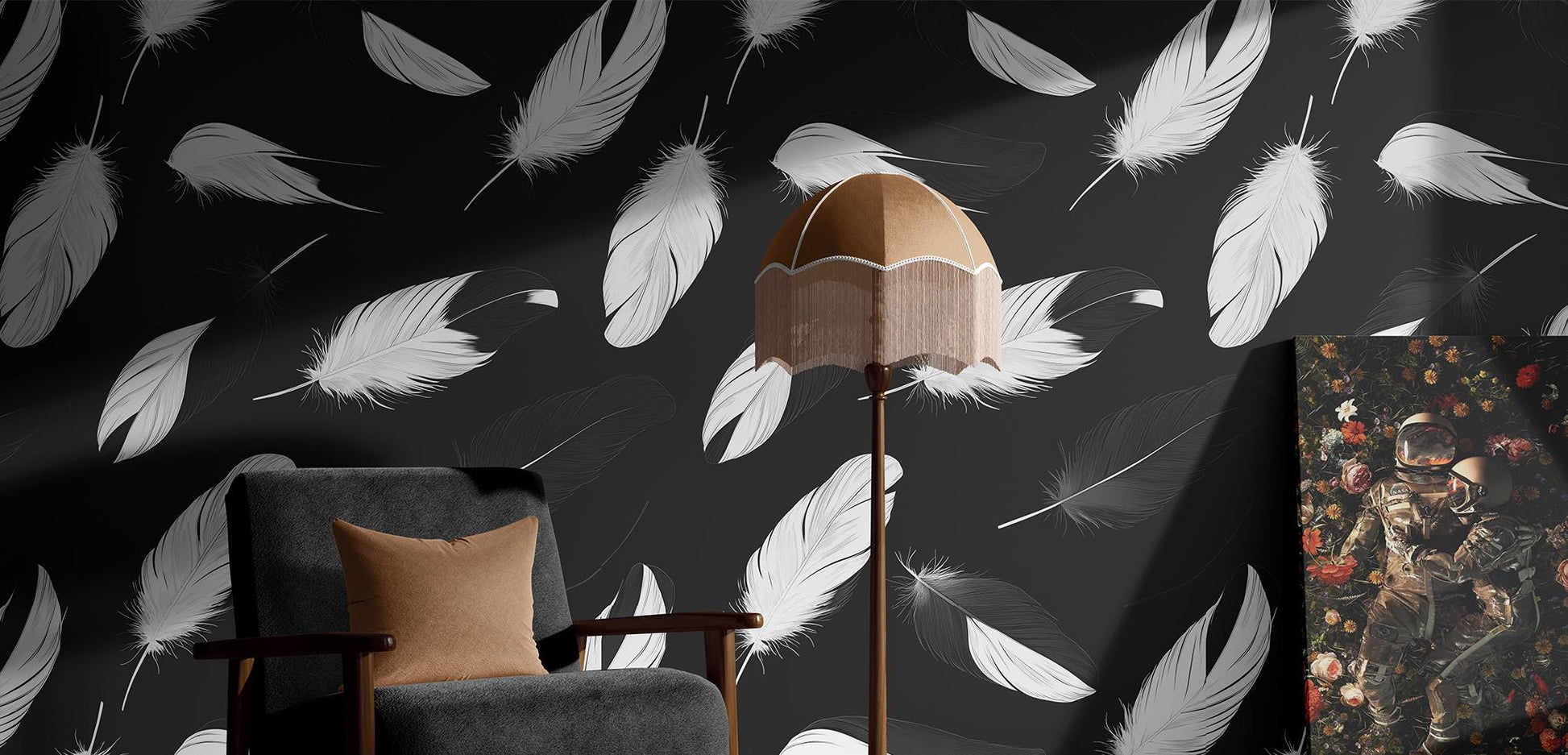 Black White Feather Renter Geometric Wallpaper Pattern – detail view, Golden Era Walls