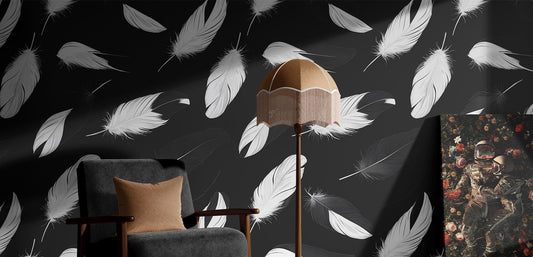 Black White Feather Renter Geometric Wallpaper Pattern – detail view, Golden Era Walls