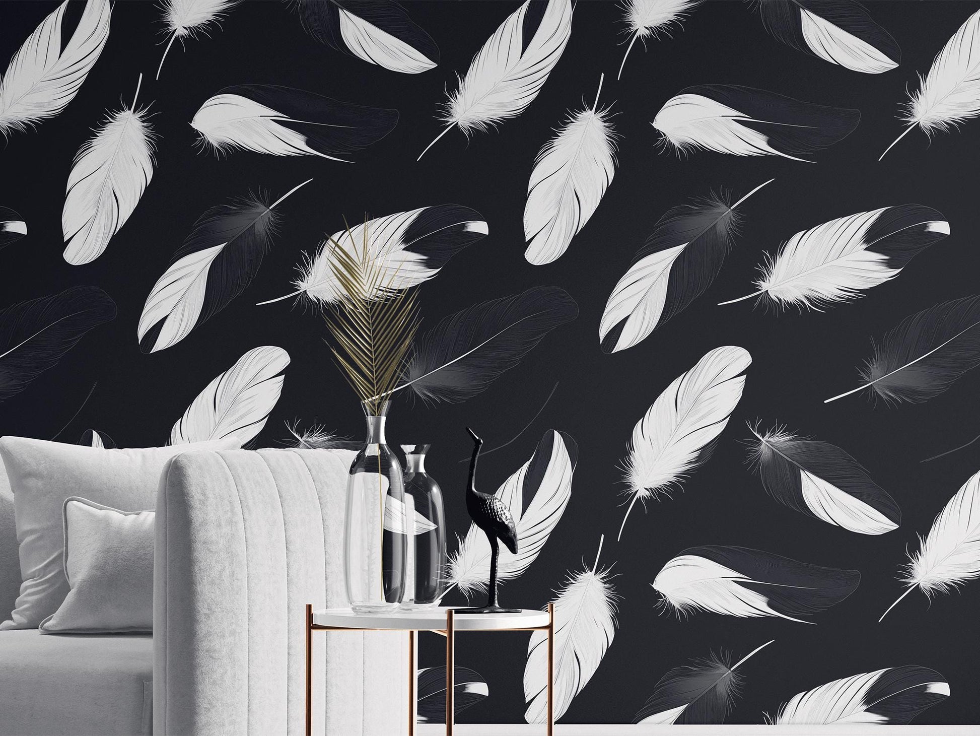 Black White Feather Renter Geometric Wallpaper Pattern – lifestyle view, Golden Era Walls