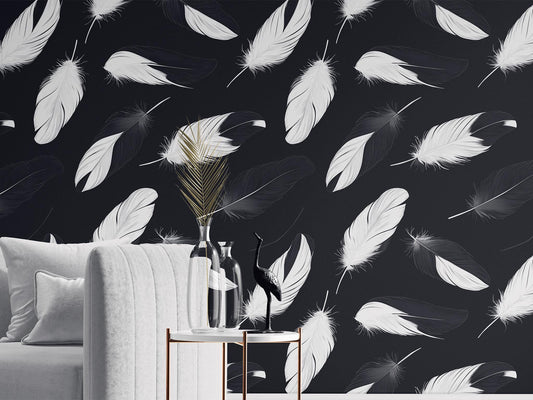Black White Feather Renter Geometric Wallpaper Pattern – lifestyle view, Golden Era Walls